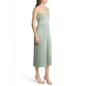 Regal Romance Sage Floral Jacquard Pleated Satin Midi Dress